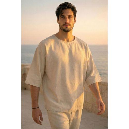 Castiel Bisiklet Yaka Fakir Kol Oversize Kısa Kol T-shirt - Bej