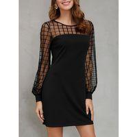 Kadın Uzun Kollu Geometrik Tül Detaylı Ithal Krep Elbise