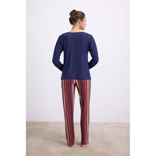 %100 Modal Lacivert Uzun Kollu T-shirt Ve Çizgili Pantolon Takımı
