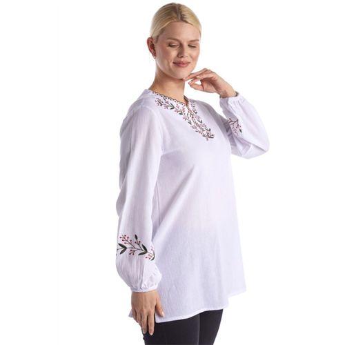 Şile Bezi Uzun Kol Beyaz Nakış Detaylı V Yaka Yazlık Otantik Bluz