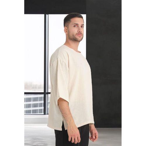 Bisiklet Yaka Fakir Kol Oversize Kısa Kol T-shirt - Bej