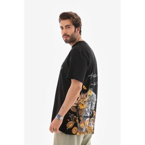 Unisex Bisiklet Yaka Baskılı Oversize T-Shirt - Siyah