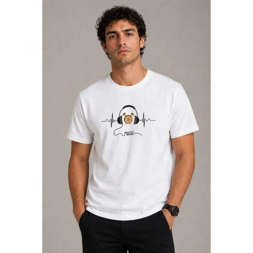 Erkek Müzik Temalı Baskılı Tişört Bisiklet Yaka Kısa Kol T-Shirt - Beyaz