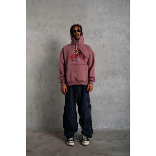 Erkek Eldiven Baskılı Kapüşonlu Sweat - Gül Kurusu