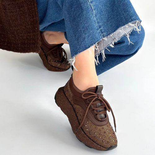 Rimay Kahverengi Cilt Boncuk İşlemeli Spor Ayakkabı