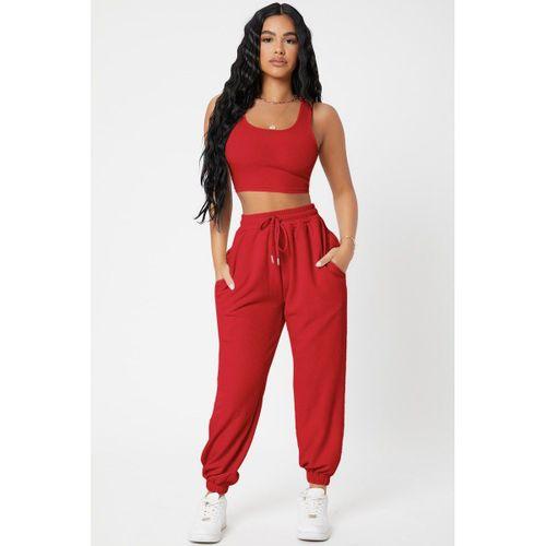 Kadın Kırmızı Kaşkorse Cepli Jogger Eşofman Altı Ve Crop Top Bluz