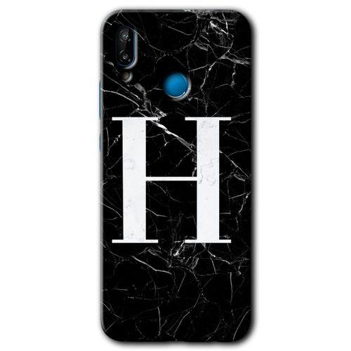 Huawei P20 Lite Kılıf Baskılı Kapak - Siyah Mermer Desenli H Harfi + 5D Tam Kaplayan Cam