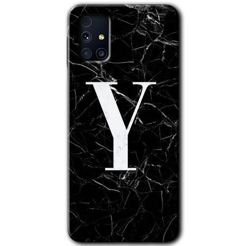 MRCİLETİSİM MRCİLETİSİM Samsung Galaxy M31s Kılıf HD Desen Baskılı Arka Kapak + Temperli Cam - Siyah Mermer Desenli Y Harfi