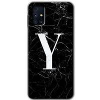 MRCİLETİSİM MRCİLETİSİM Samsung Galaxy M31s Kılıf HD Desen Baskılı Arka Kapak + Temperli Cam - Siyah Mermer Desenli Y Harfi
