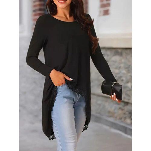 Kadın Uzun Kollu Bisiklet Yaka Asimetrik Kesim Detaylı Dantelli Viskon Bluz