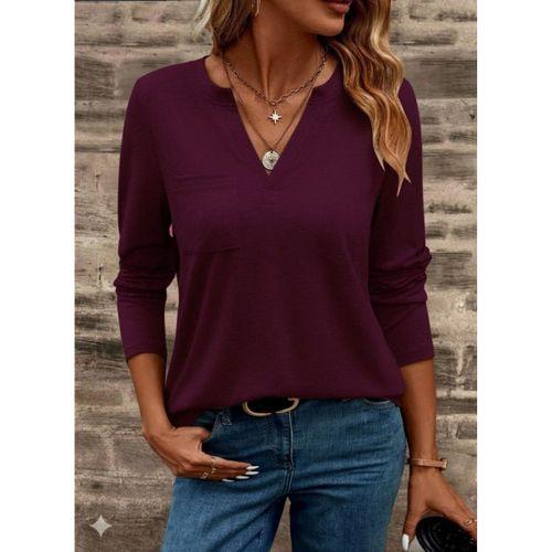 Kadın Uzun Kollu Cepli V Yakalı Viskon Iki Iplik Mürdüm Bluz