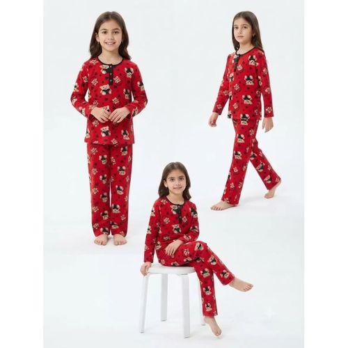 6/14 Yaş Kalpli Ayıcık Baskılı Pamuk Penye Çocuk Pijama Takımı