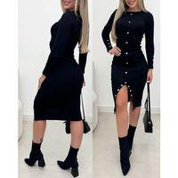 Kadın Uzun Kollu Yırtmaçlı Düğme Detaylı Midi Kaşkorse Elbise