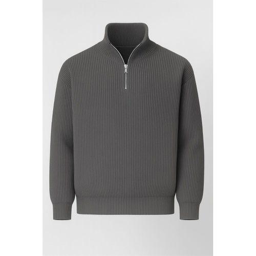 Nolan Oversize Selanik Örgü Yarım Fermuar Erkek Triko Kazak - Füme