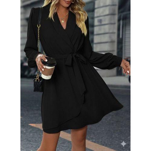 Kadın Uzun Kollu Kruvaze Yakalı Belden Kuşaklı Mini çift Katlı Ithal Krep Elbise