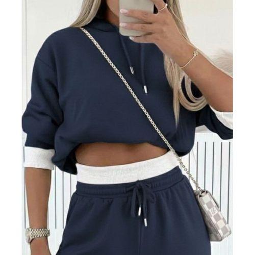 Kadın Uzun Kollu Kapşonlu Viskon Iki Iplik Füme Bluz Ve Pantolon Ikili Takım