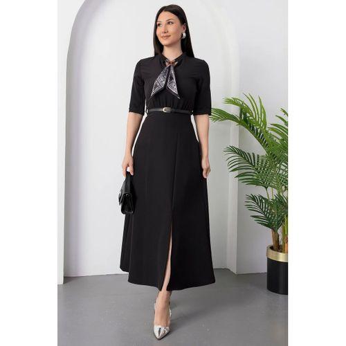 Kadın Kısa Kollu Fular Ve Kemer Detay önden Yırtmaçlı Maxi Boy Elbise