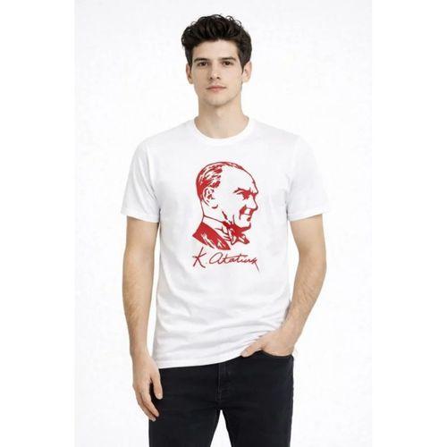 Erkek Atatürk Baskılı Tişört Kısa Kollu Bisiklet Yaka T-Shirt - Beyaz