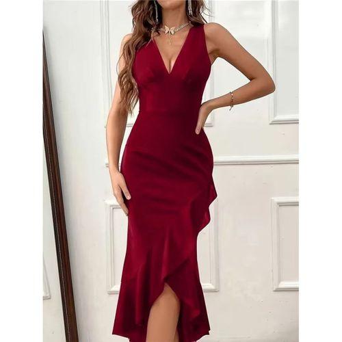 Kadın Askılı V Yakalı önden Fırfırlı Uzun Ithal Krep Elbise
