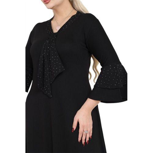 Melsay Butik Taş Baskılı Fularlı Siyah Truvakar Kol Kadın Midi Elbise