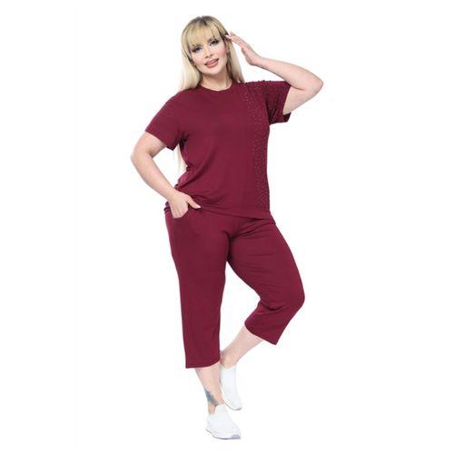 Melsay Butik Bordo Kısa Kollu Yarım Taş Baskılı Viskon Kapri Takım