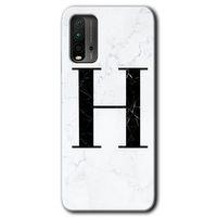 Xiaomi Redmi 9T Kılıf HD Desen Baskılı Arka Kapak + Temperli Cam - Beyaz Mermer Desenli H Harfi