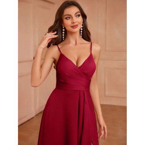 Kadın Ip Askılı Kruvaze Yakalı Yırtmaçlı Uzun Ithal Krep Elbise