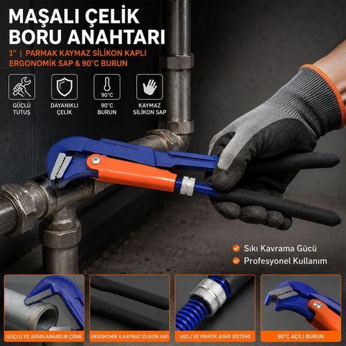1 inç Çelik Boru Anahtarı (Silikon Saplı, 90° Maşalı)