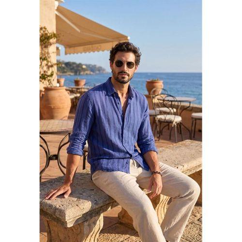 Ralph Çizgi Desenli Yumuşak Dokulu Rahat Kalıp Yazlık Erkek Gömlek - Lacivert