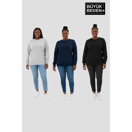 Kadın Büyük Beden İkili Bisiklet Yaka 3 lü Set -Rahat Kalıp İnce Sweatshirt SPR26BSW956+3