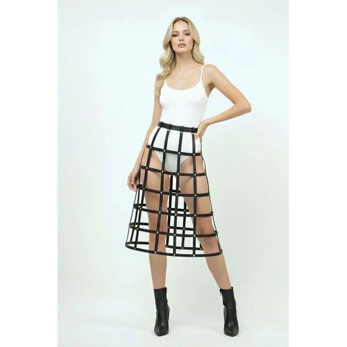 Siyah Etek Deri Şeritli Kafes Detaylı Etek Midi Boy Deri Etek - Brf1396