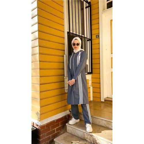 Fermuarlı Kapşonlu Uzun Tunik Pantolon İkili Tesettür Eşofman Takımı - 03077.006 - İndigo