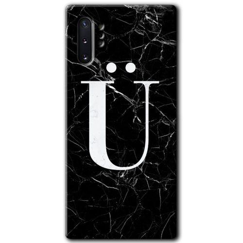 MRCİLETİSİM MRCİLETİSİM Samsung Galaxy Note 10 Plus Kılıf HD Desen Baskılı Arka Kapak + Temperli Cam - Siyah Mermer Ü Harfi