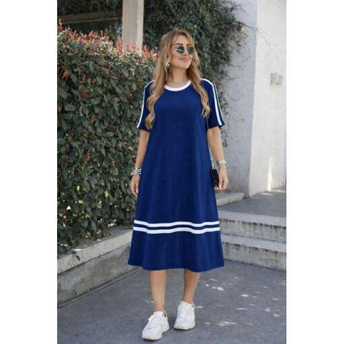 Kadın Kısa Kollu Bisiklet Yaka şerit Detaylı Midi Viskon Elbise