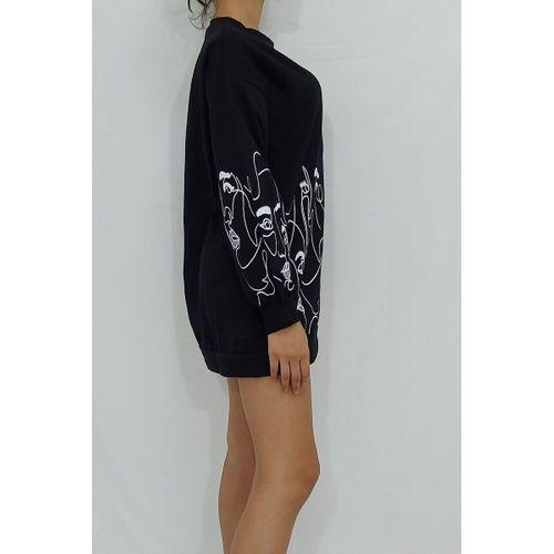 Önü Kolları Kız Baskılı Sweatshirt Siyah (CLZ)