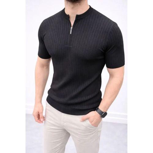 Erkek Kısa Kol Fitilli Triko T-Shirt Yazlık Hakim Yaka Tişört - Siyah