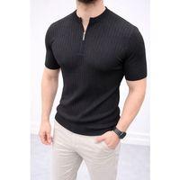 Erkek Kısa Kol Fitilli Triko T-Shirt Yazlık Hakim Yaka Tişört - Siyah