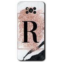 Poco x3 Pro Kılıf Baskılı Arka Kapak - Pembe Mermer Desenli R Harfi +Tam Ekran Koruyucu