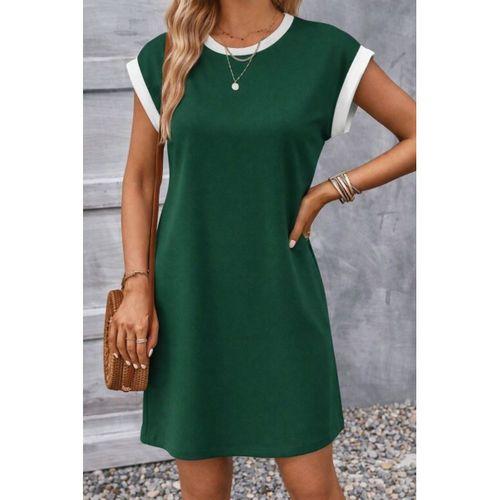 Kadın Kısa Kollu Yuvarlak Yakalı Kontrast Manset Detaylı Kısa Janjan Krep Elbise