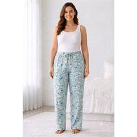 Viskon Pamuklu Kadın Büyük Beden Deniz Mavisi Desenli Pijama Pantolon - Brf012 -