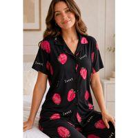 Kadın Pijama Takımı - Çilek Desenli Kısa Kollu Gömlek Yaka Milan Kumaş, Siyah