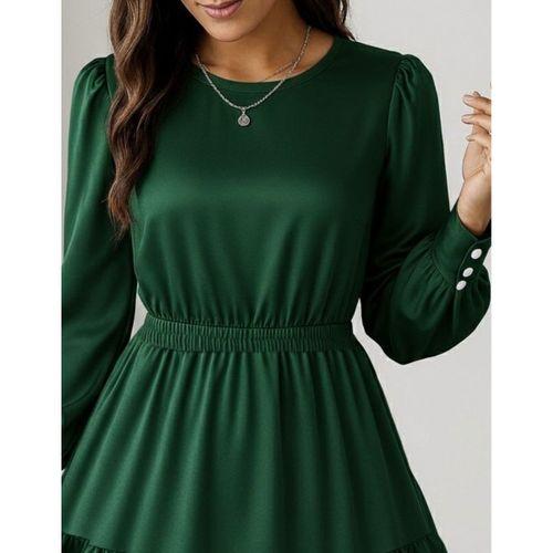 Kadın Uzun Kollu Bisiklet Yaka Beli Lastikli Fırfırlı Ithal Krep Elbise