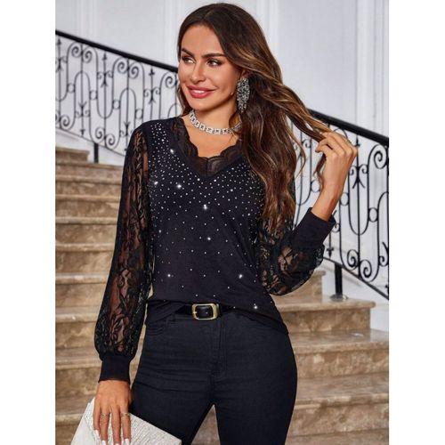 Kadın Uzun Kollu V Yakalı Dantelli Taşlı Sandy Bluz