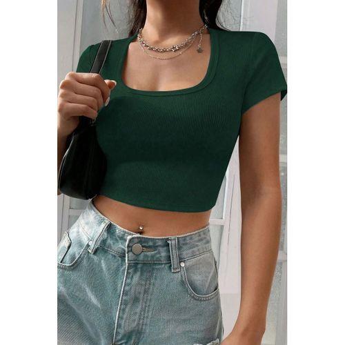 Kadın Yeşil Şık Kesim Yarım Kol Crop Bluz