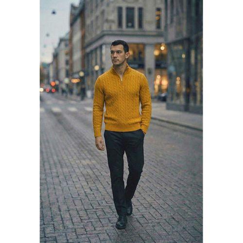 Bardem Saç Örgülü Yarım Fermuar Erkek Triko Kazak - Hardal