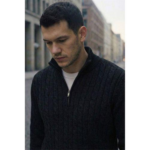 Bardem Saç Örgülü Yarım Fermuar Erkek Triko Kazak - Siyah