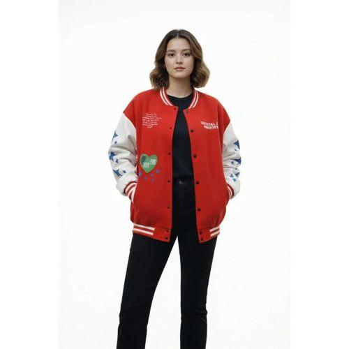 Kırmızı Varsity Çıtçıtlı Baskılı Oversize Kalıp Kolej Ceket - Kırmızı