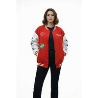 Kırmızı Varsity Çıtçıtlı Baskılı Oversize Kalıp Kolej Ceket - Kırmızı