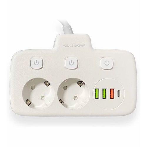 Akım Korumalı 2’li Ayrı Anahtarlı Priz, 2x Priz, 3x Usb, 1x Type-c, 2 Mt Kablo, Hızlı Şarj