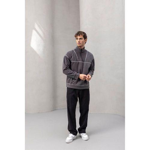 Crowe Şerit Detaylı Yarım Fermuar Polar Sweatshirt Füme - Bezayağı Kumaş Pantolon Siyah